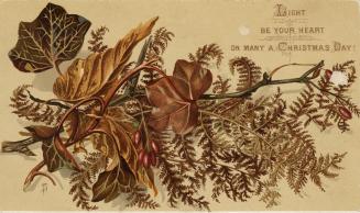 The front of the card pictures a tree branch, foliage, and berries rendered in shades of brown,…