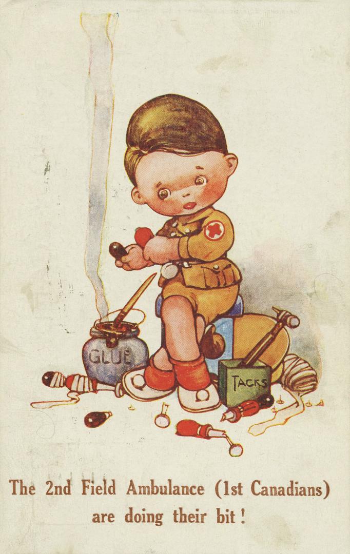 Color drawing of a Canadian soldier sitting beside a pot of glue.