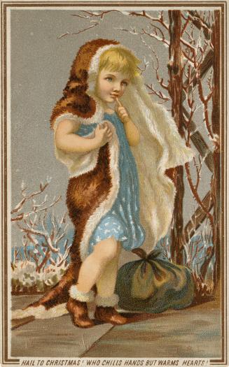 The front shows a picture of a girl. She is standing outside wearing a blue dress and a brown f…