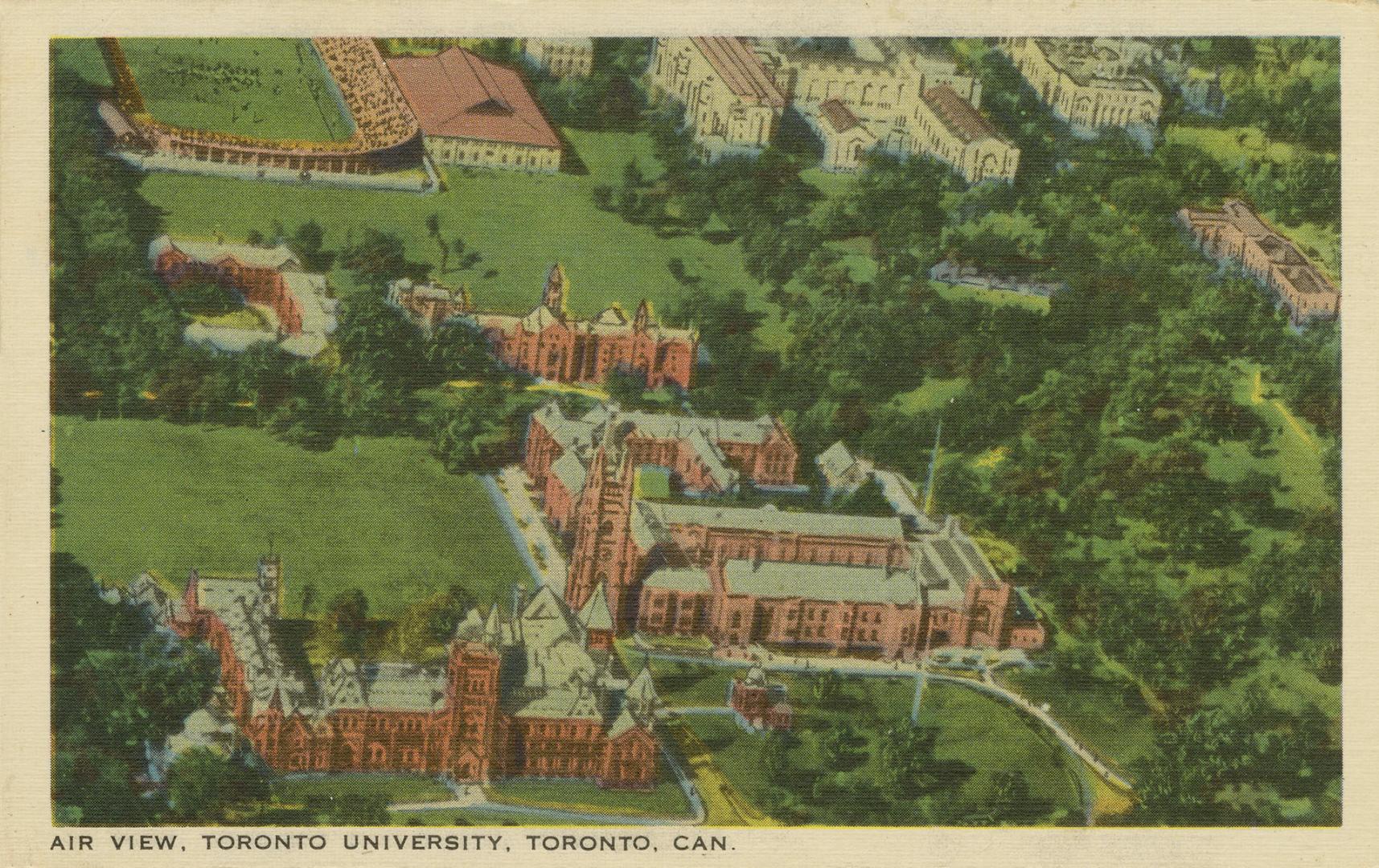 Colorized photograph of a a large, gothic revival buildings taken from the air.