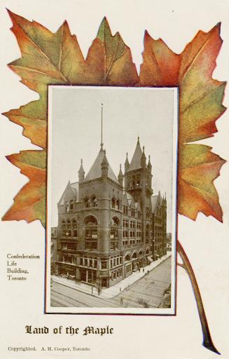 Black and white photograph of a large Richardsonian Romanesque building superimpose over a red  ...