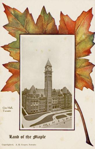 Black and white photograph of a Richardsonian Romanesque building superimpose over a red maple  ...