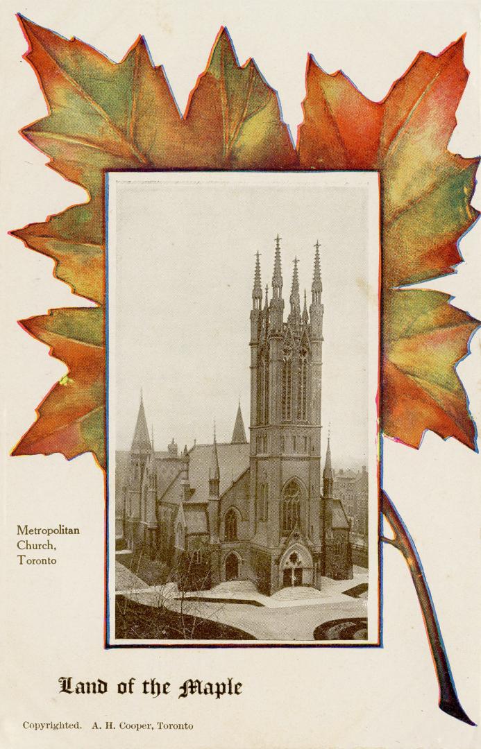 Black and white photograph of a large church in the Neo-Gothic style superimpose over a red map ...