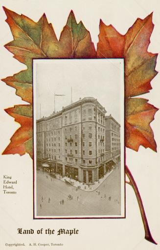 Black and white photograph of a eight story building in the Beaux Arts style superimpose over a ...