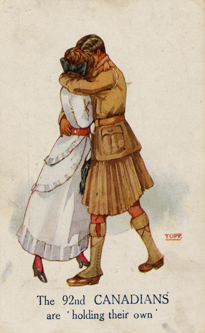 Color drawing of a soldier in a kilt embracing his sweetheart.