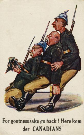 Color drawing of three German soldiers recoiling in horror.