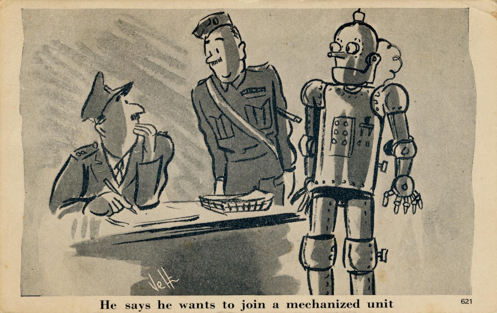 Black and white drawing of a robot standing beside a soldier who is talking to his superior sit ...