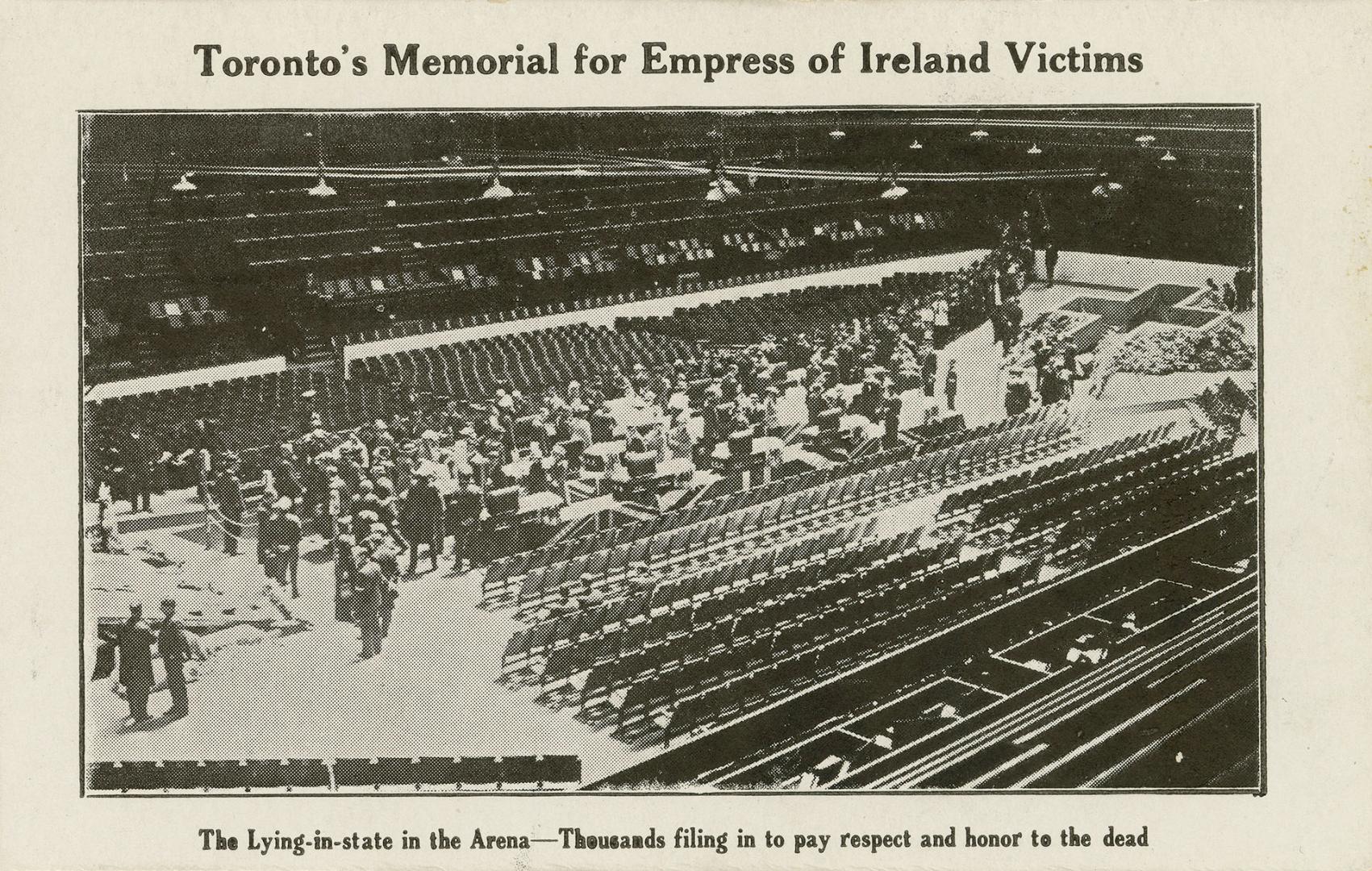 Black and white postcard depicting an inset photo of a large funeral service taking place in at ...