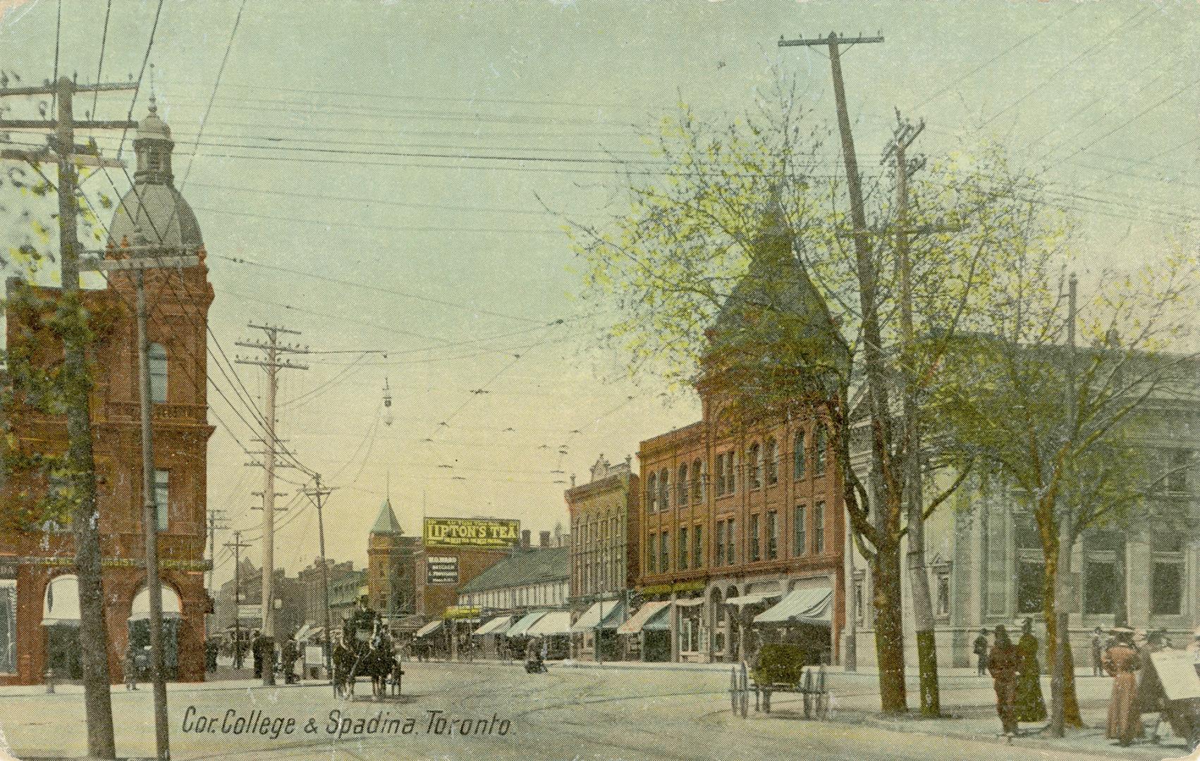 Colour photo postcard depicting College Street looking west from Spadina Avenue. Horse-drawn ca ...