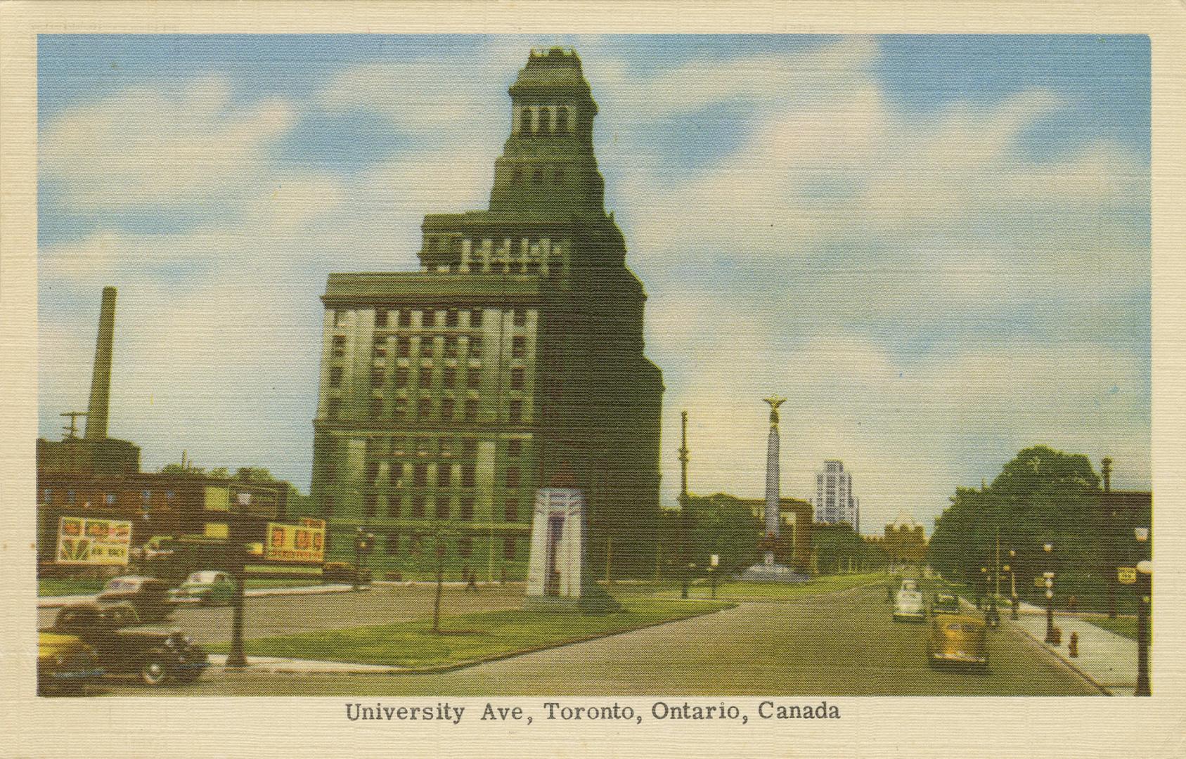 Colour photo postcard depicting a view of University Avenue looking north, with The Canada Life ...