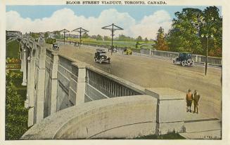 Colour postcard depicting a view across the Bloor Street bridge east of Parliament. The caption ...