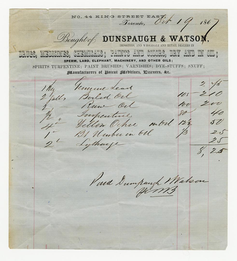 Bought of Dunspaugh & Watson, importers and wholesale and retail dealers in drugs, medicines, chemicals; paints and colours, dry and in oil; sperm, lard, elephant, machinery, and other oils; spirits turpentine; paint brushes; varnishes; dye-stuffs; snuff; manufacturers of patent medicines, essences &c. 