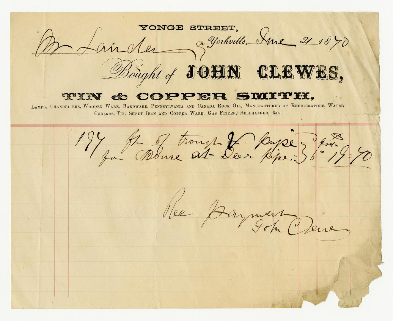 Bought of John Clewes tin & copper smith, lamps, chandeliers, wooden ware, hardware, Pennsylvania and Canada rock oil, manufacturers of refrigerators, water coolers, tin, sheet iron and copper ware, gas fitter, bellhanger, &c. 