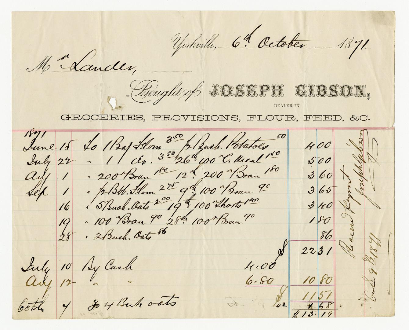 Bought of Joseph Gibson, groceries, provisions, flour, feed, &c.  