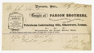 Bought of Parson Brothers wholesale dealers in and manufacturers of petroleum lubricating oils, glassware, lamps, rock oil, machine oil, benzine, table glassware, lamps, chimneys, fruit jars, &c. &c. 