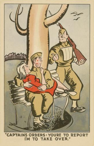 Color drawing of a soldier sitting on a park bench with a girl in his lap. Another soldier is c…
