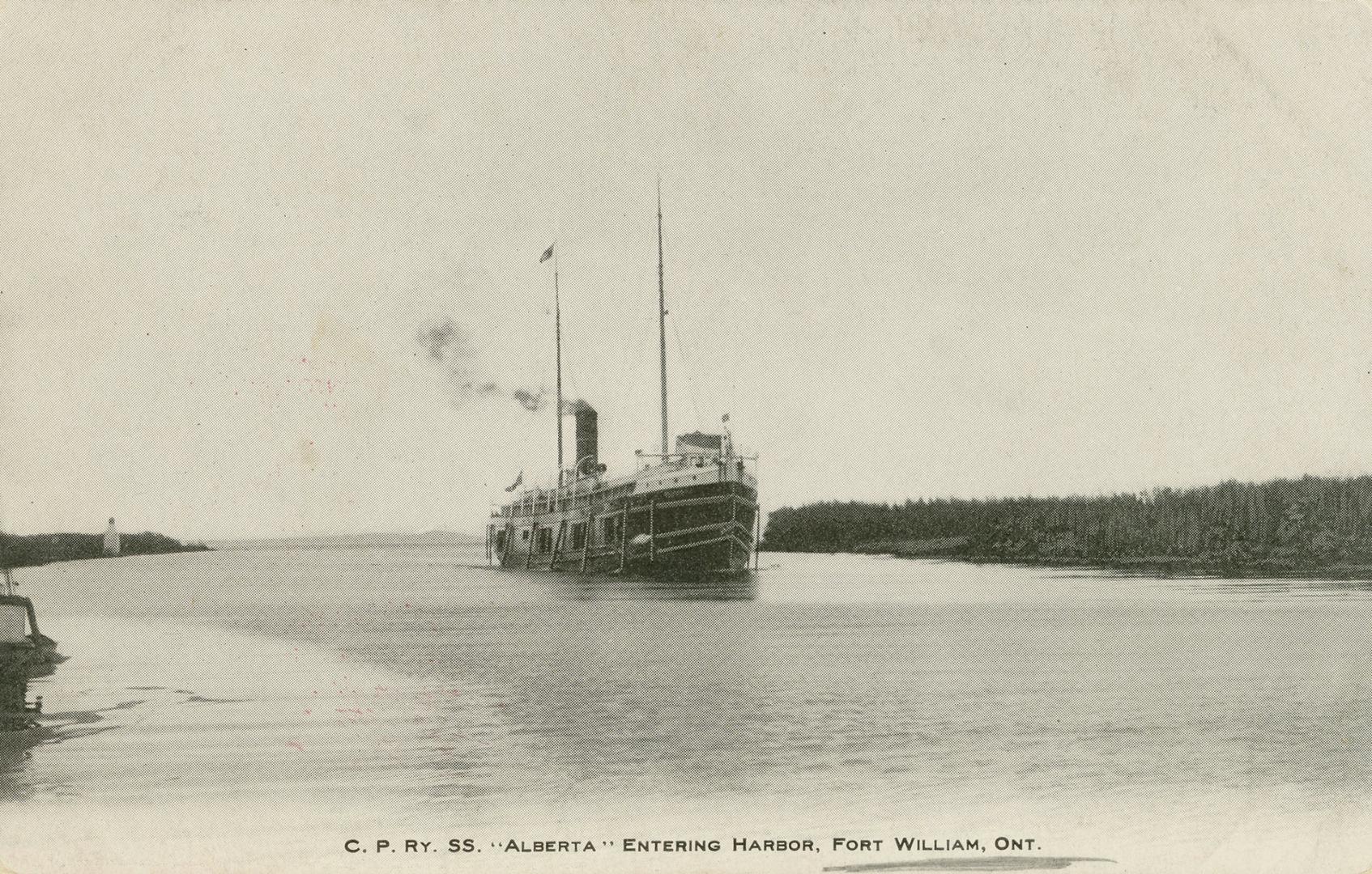 Black and white photograph of a large steamship on open water.