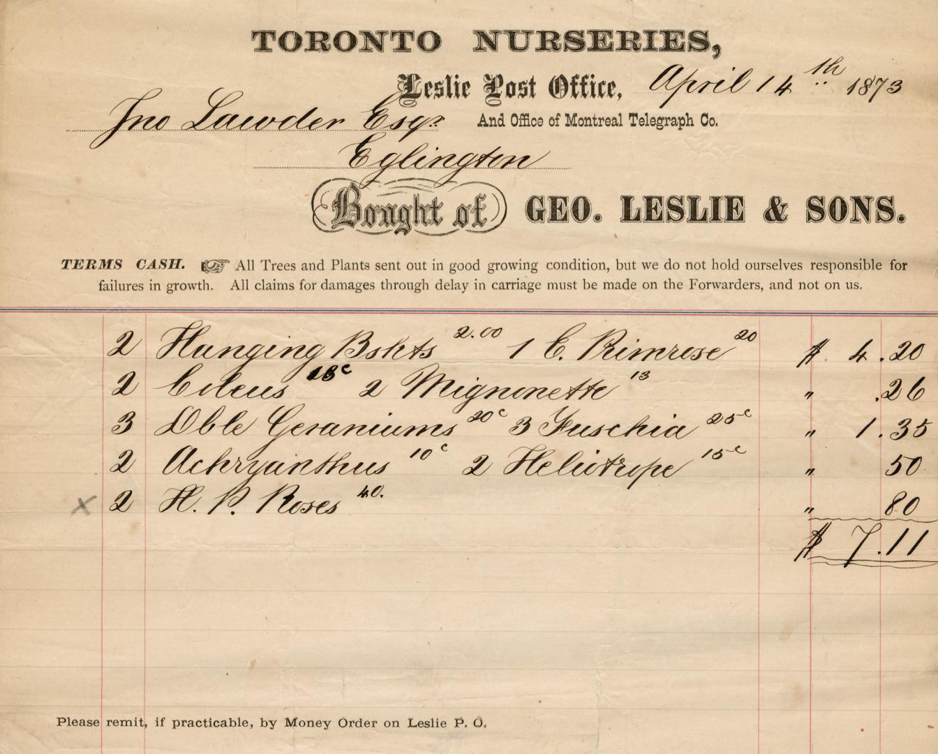 Toronto Nurseries, bought of Geo. Leslie & Sons