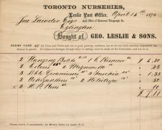 Toronto Nurseries, bought of Geo. Leslie & Sons