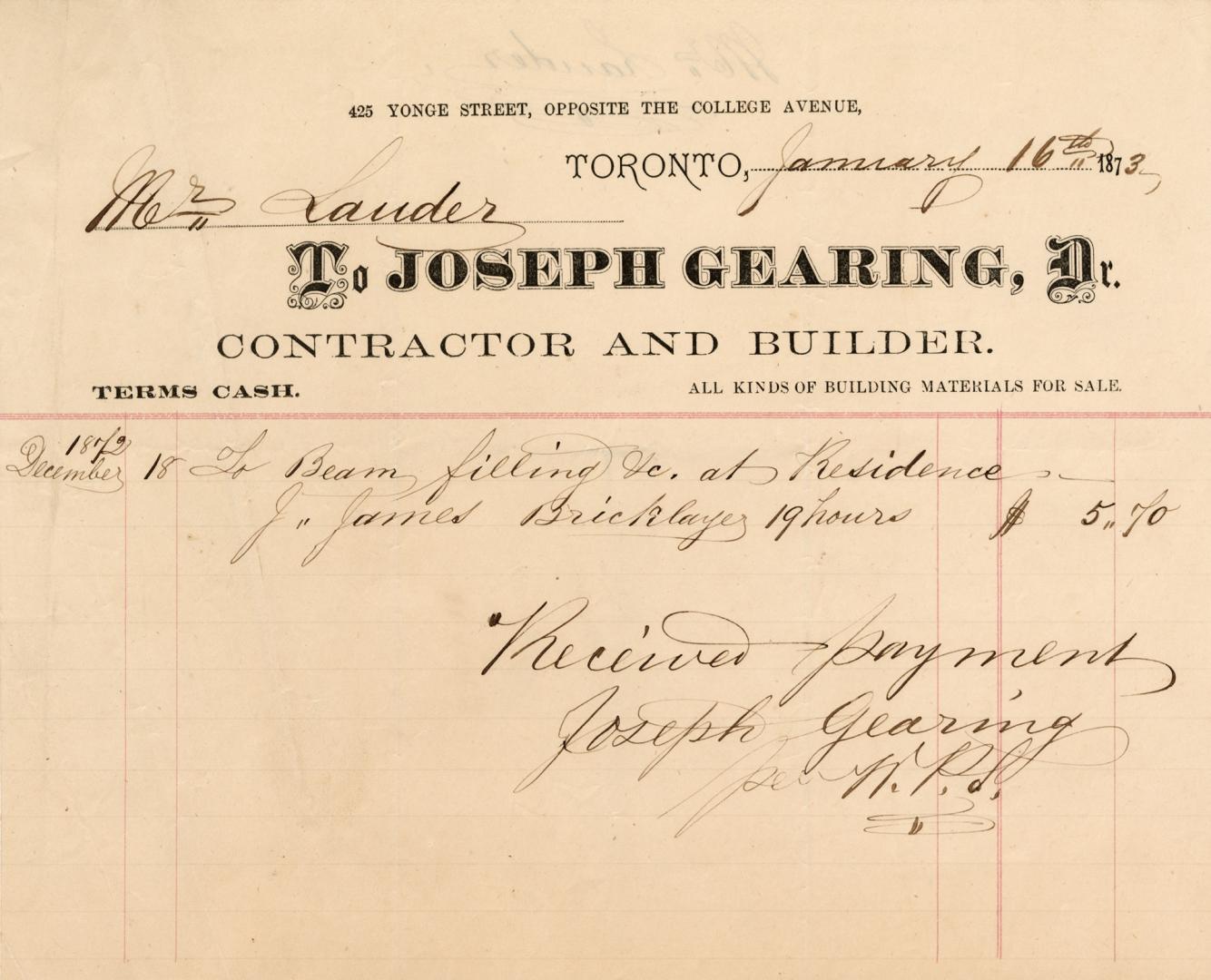 To Joseph Gearing contractor and builder