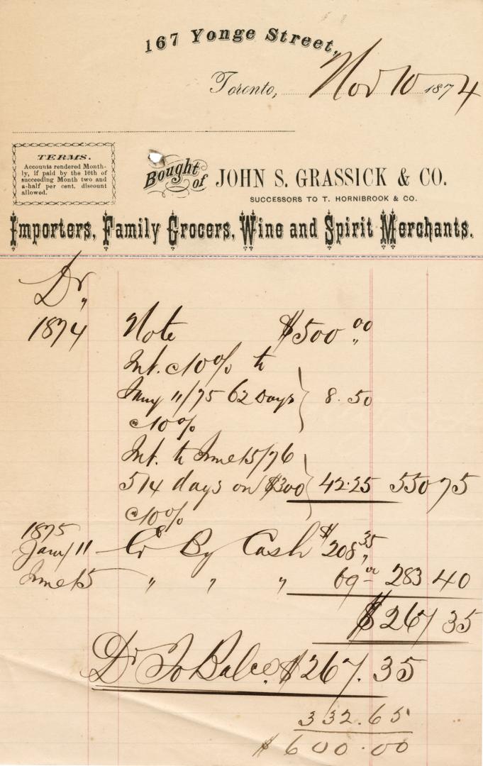 Bought of John S. Grassick & Co. successors to T. Hornibrook & Co. 