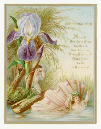 Two people, presumably angels, are pictured swimming near a grassy shore. A purple iris flower  ...