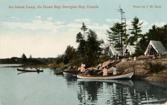 Colorized photograph of people in boats in water by a rocky shore. There are tents pitched on t ...