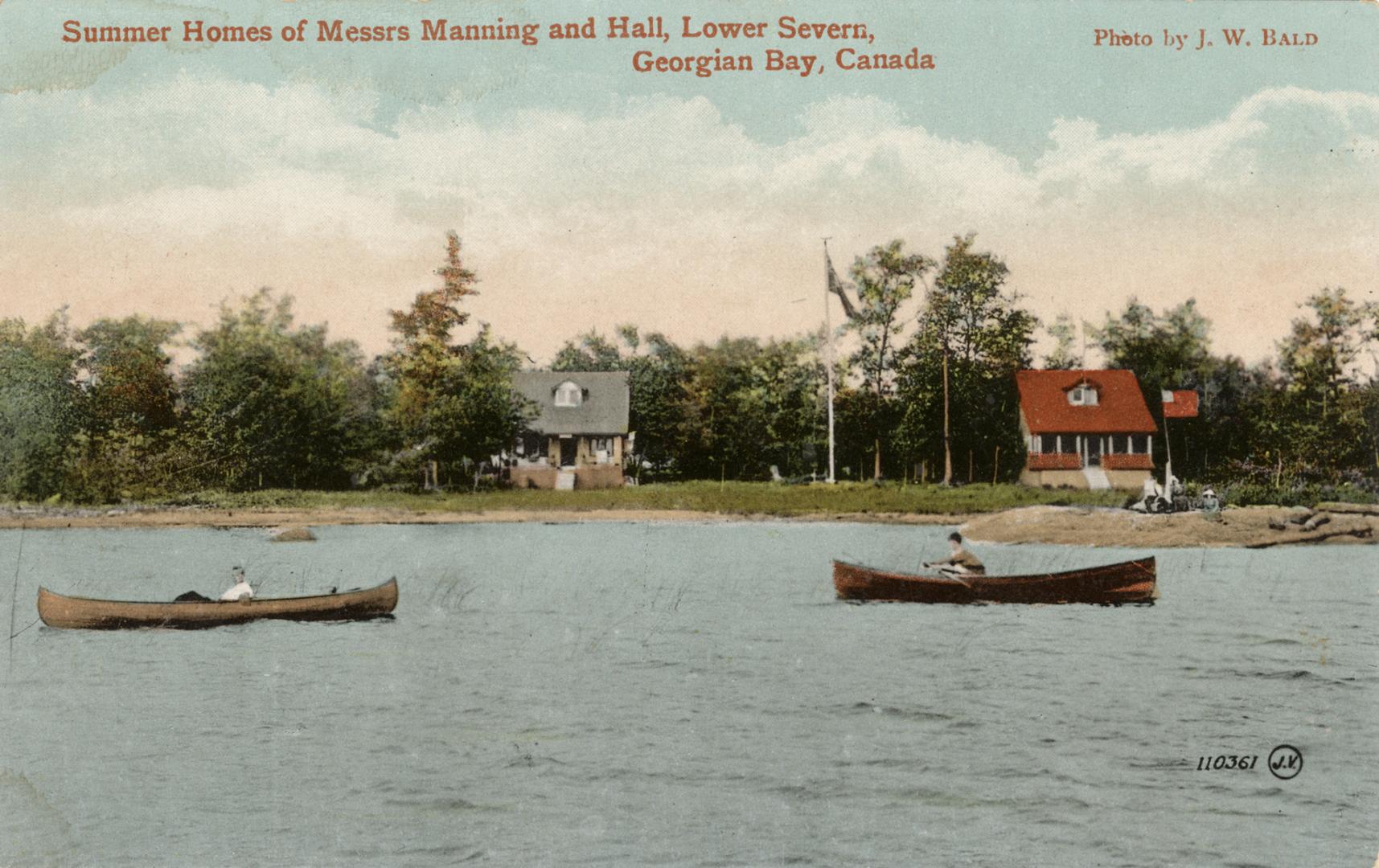 Colorized photograph of two canoes on a lake with two homes in the background.