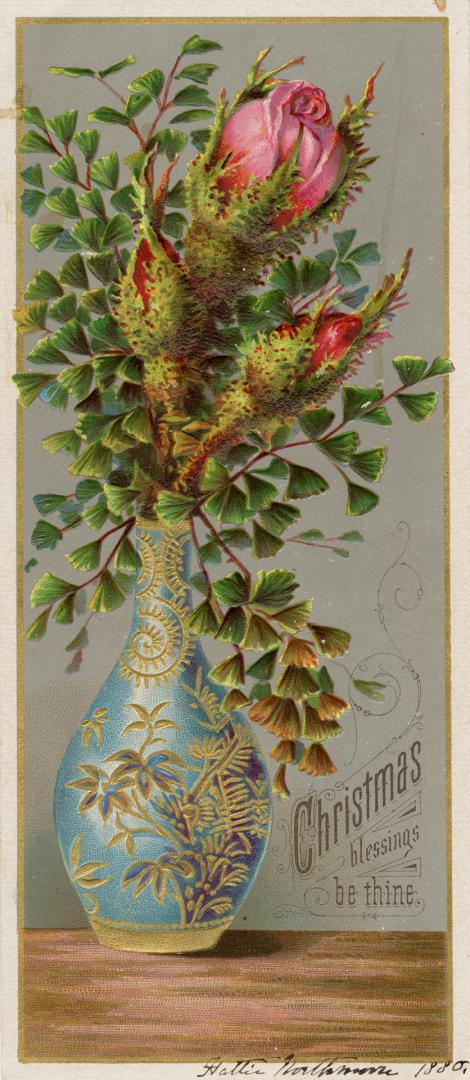 The card pictures a blue vase with golden leaves and patterns painted on it. In it are the buds ...