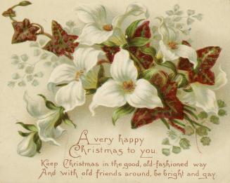 The card pictures white trillium flowers, green leaves and red ivy. The background is light bei ...