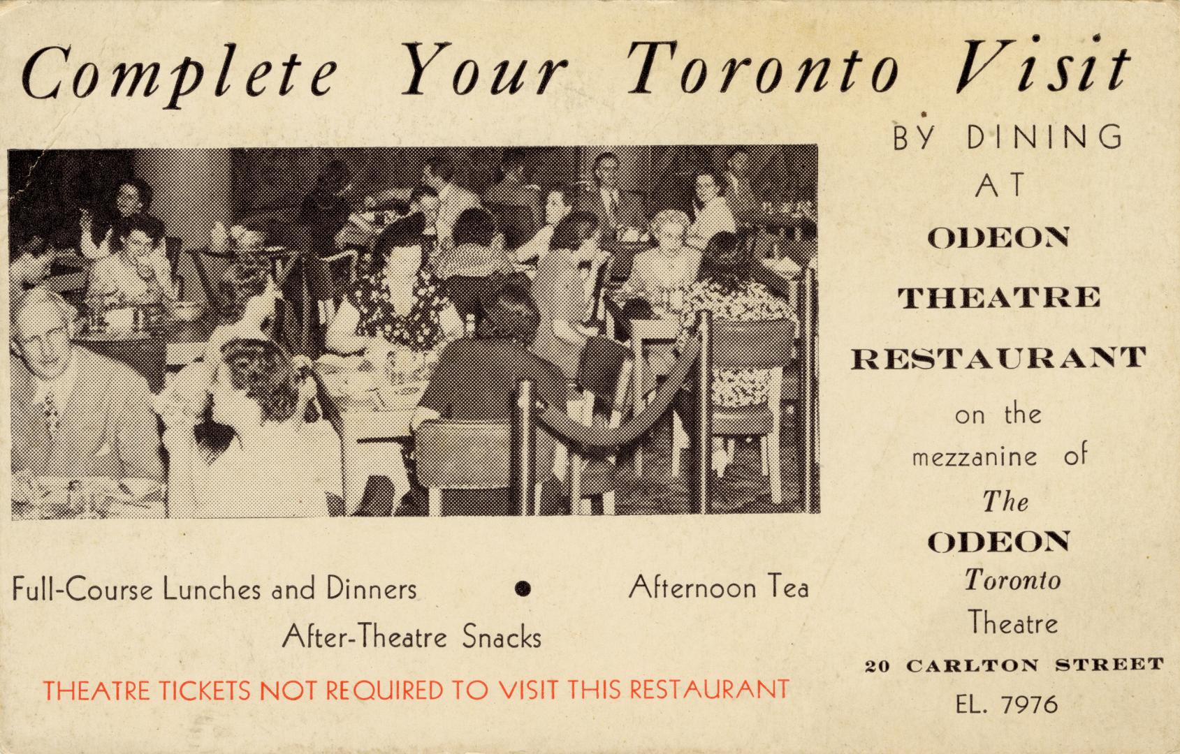 Advertising postcard depicting an inset photo of a restaurant dining room filled with patrons.  ...