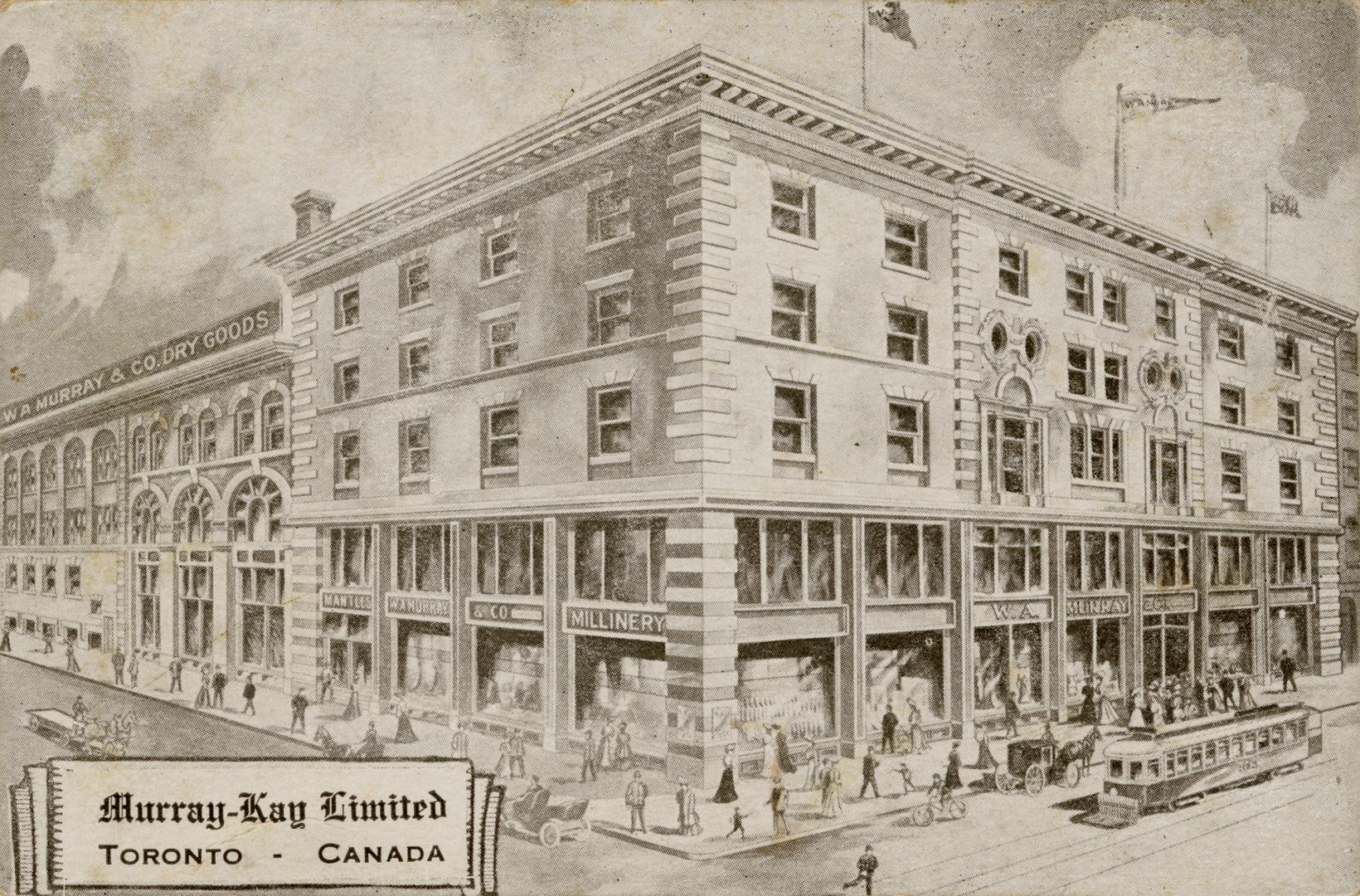 Black and white photo postcard depicting the exterior corner view of a 5-story department store ...