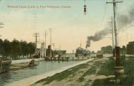 Colorized photograph of a manmade waterway.