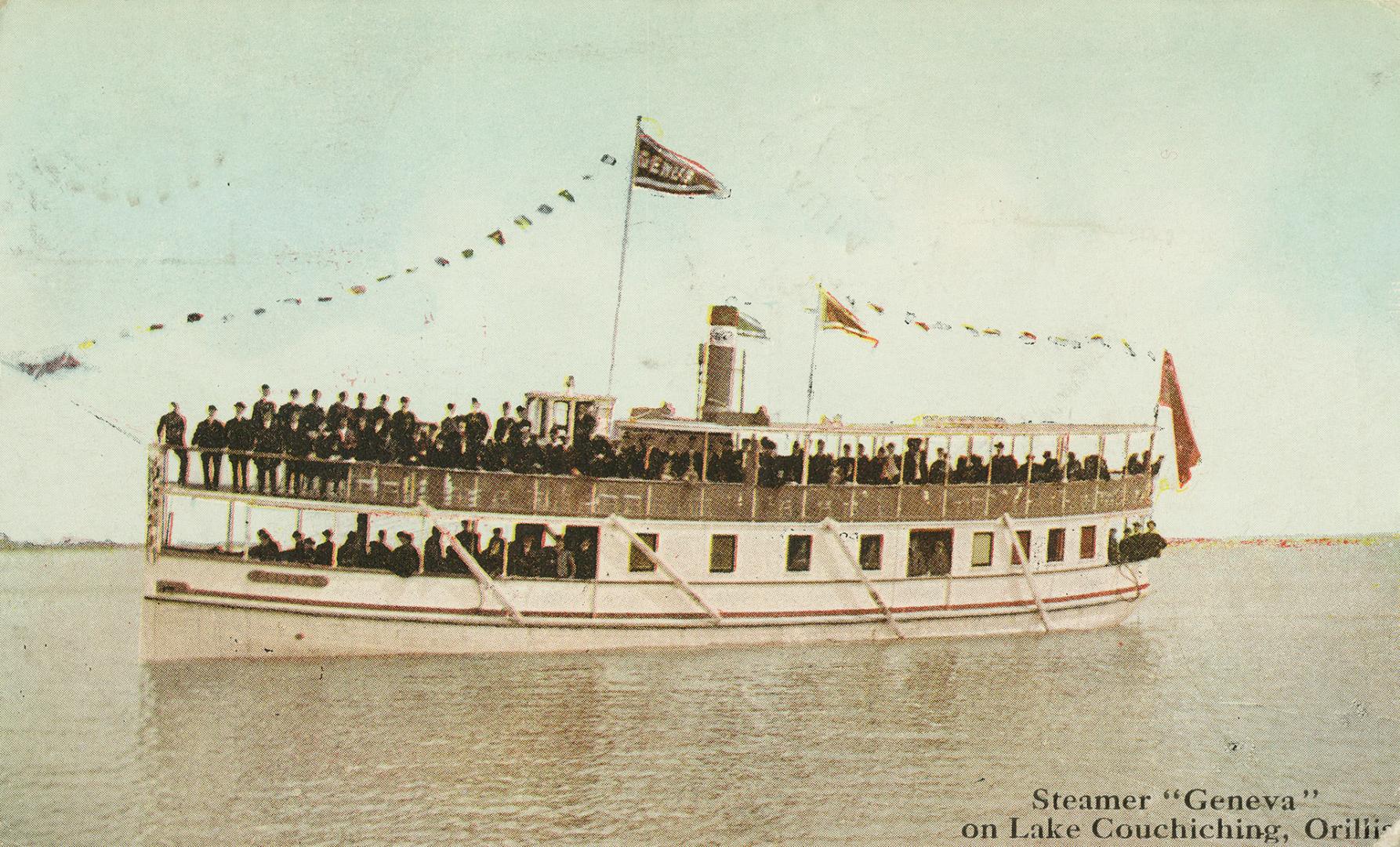 Colorized photograph of a large boat in open water.