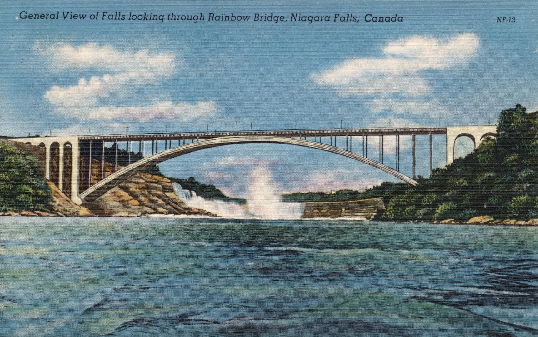 Colorized photograph of a large bridge spanning a body of water with large waterfalls in the ba ...