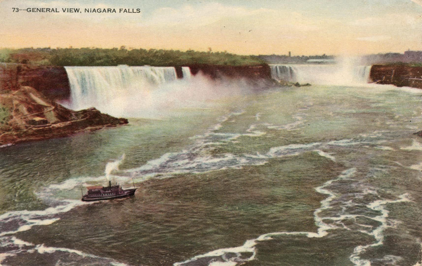 Colorized photograph of a boat in front of a large waterfall.