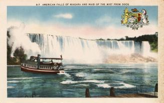 Colorized photograph of the top of a waterfall with a passenger boat in front of it.