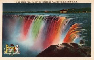 Colorized photograph of a waterfall with spotlights on it, taken at night.