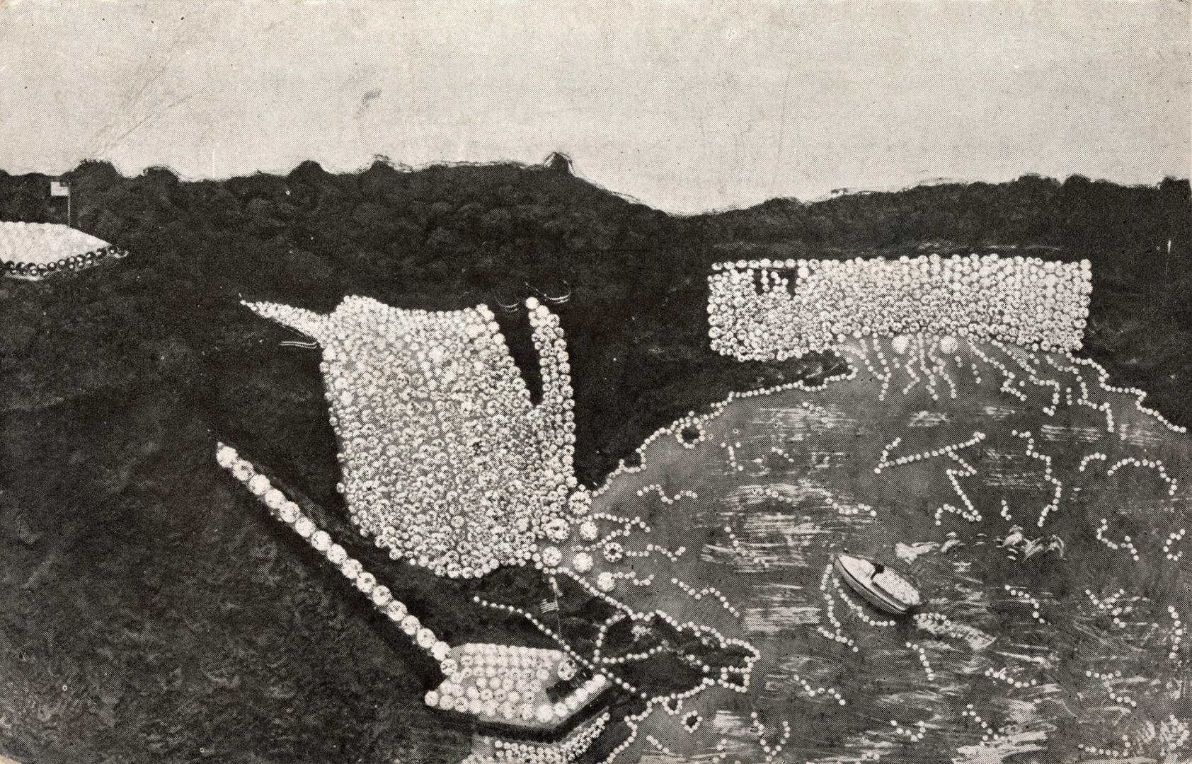 Black and white drawing of three waterfalls made up of sparkling diamonds.