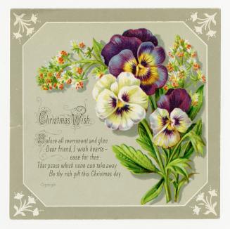 Purple and white pansies are pictured alongside smaller red and white flowers. A rhyming verse  ...