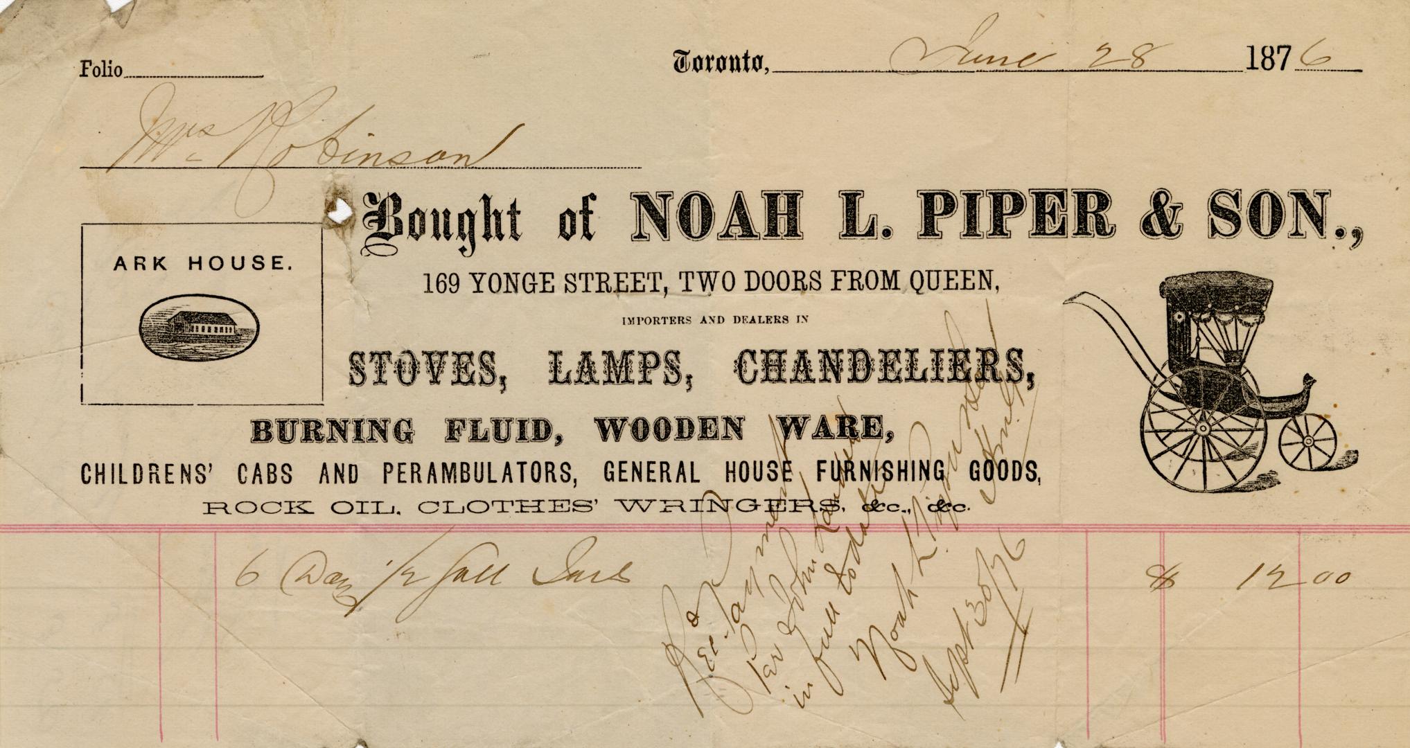 Receipt of customer Mrs. Robinson. Part of Morris Norman donation of business papers, 2002. 