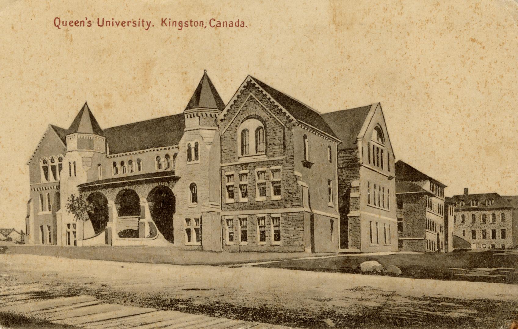 Sepia toned photograph of Victorian Romanesque collegiate building.