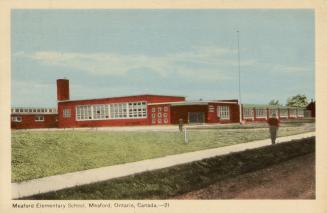 Colorized photograph of a single story story collegiate building.