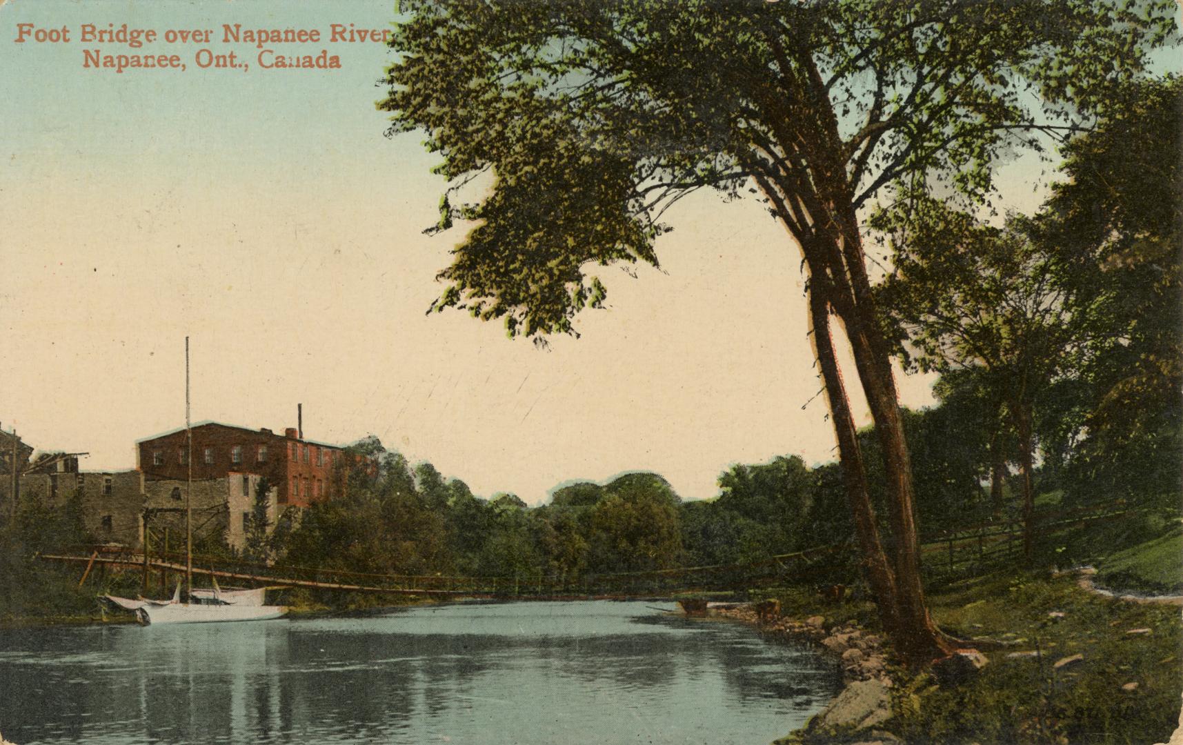 Colorized photograph of small bridge spanning a arrow body of water.