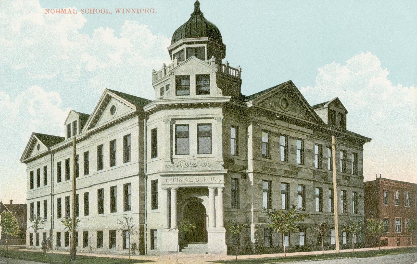 Colorized photograph of a large public building of Neo-classical design with a cupola.