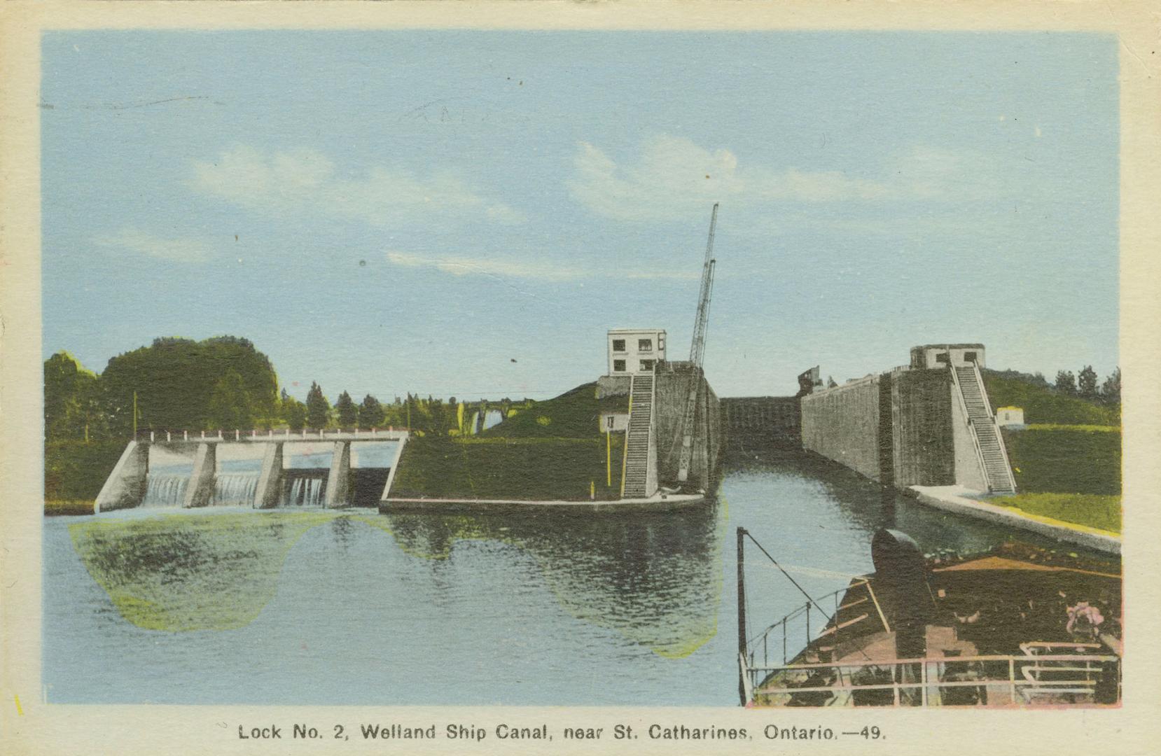 Colorized photograph of an open lock on a river.