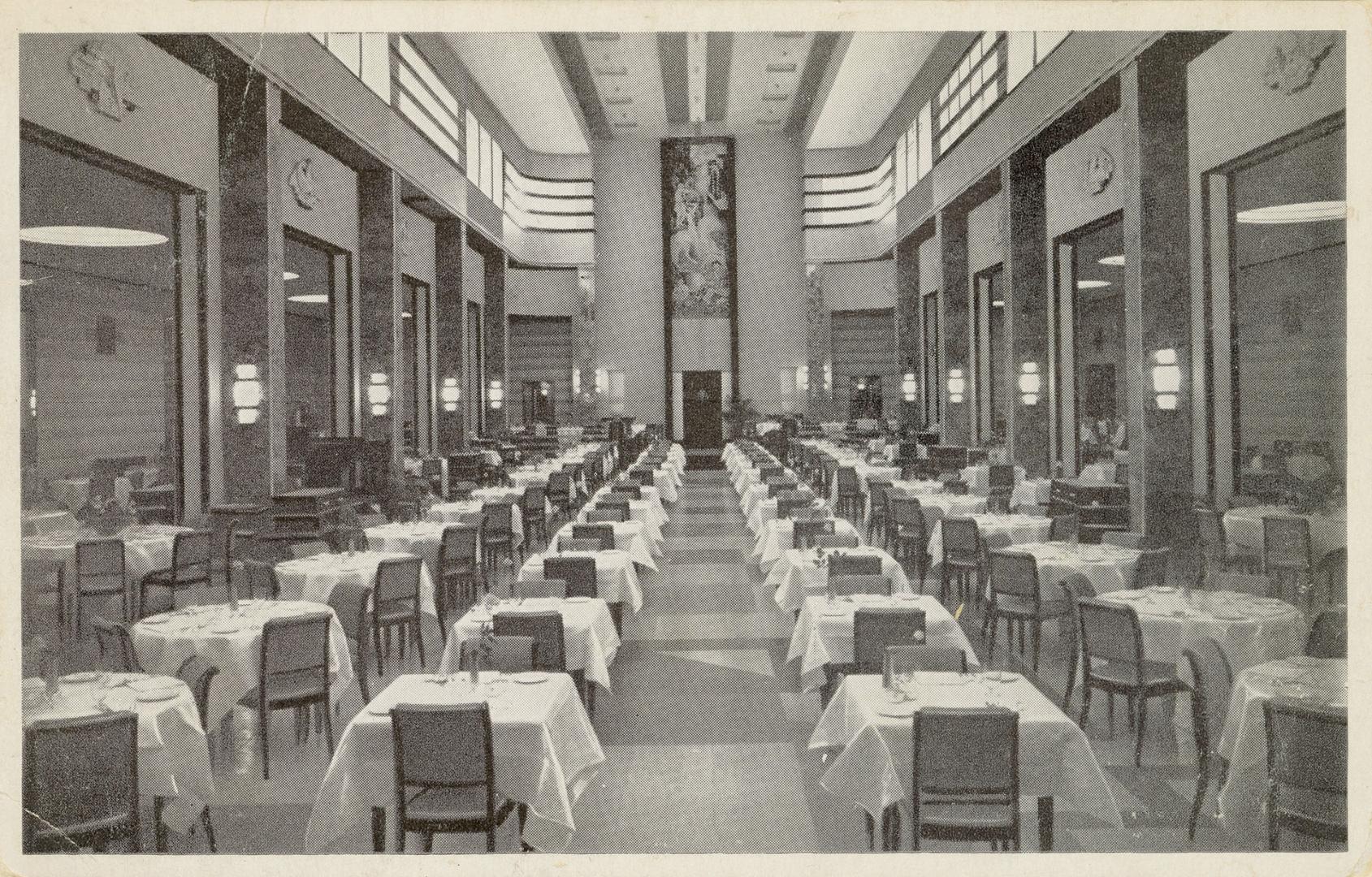 Black and white photograph of lines of formally set dining room tables.