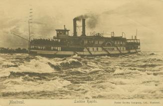 Sepia toned photograph of a large boat in choppy waters.