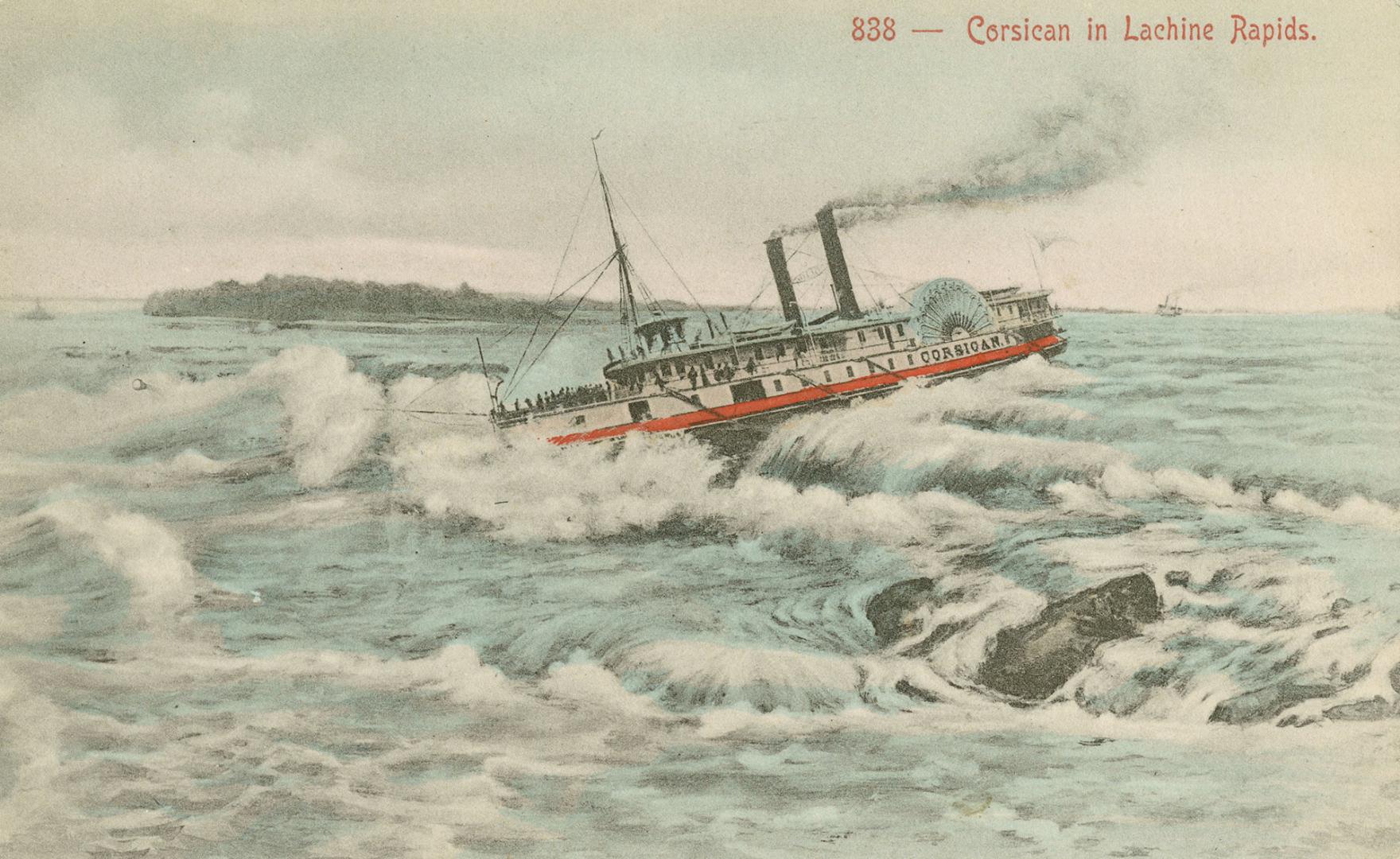 Color painitng of a large boat in choppy waters.