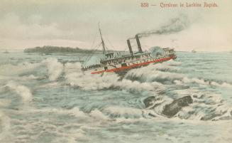 Color painitng of a large boat in choppy waters.